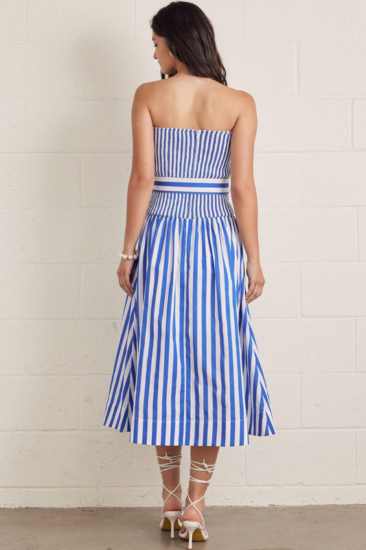 White And Blue Stripe Strapless Midi