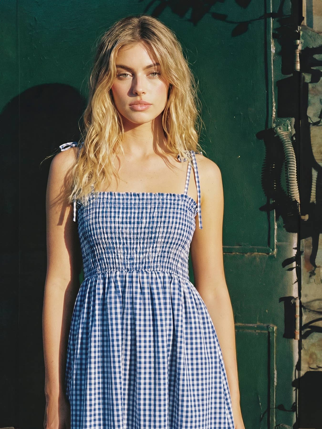 Sleeveless Smocked Gingham Check Cotton Summer Midi Dress