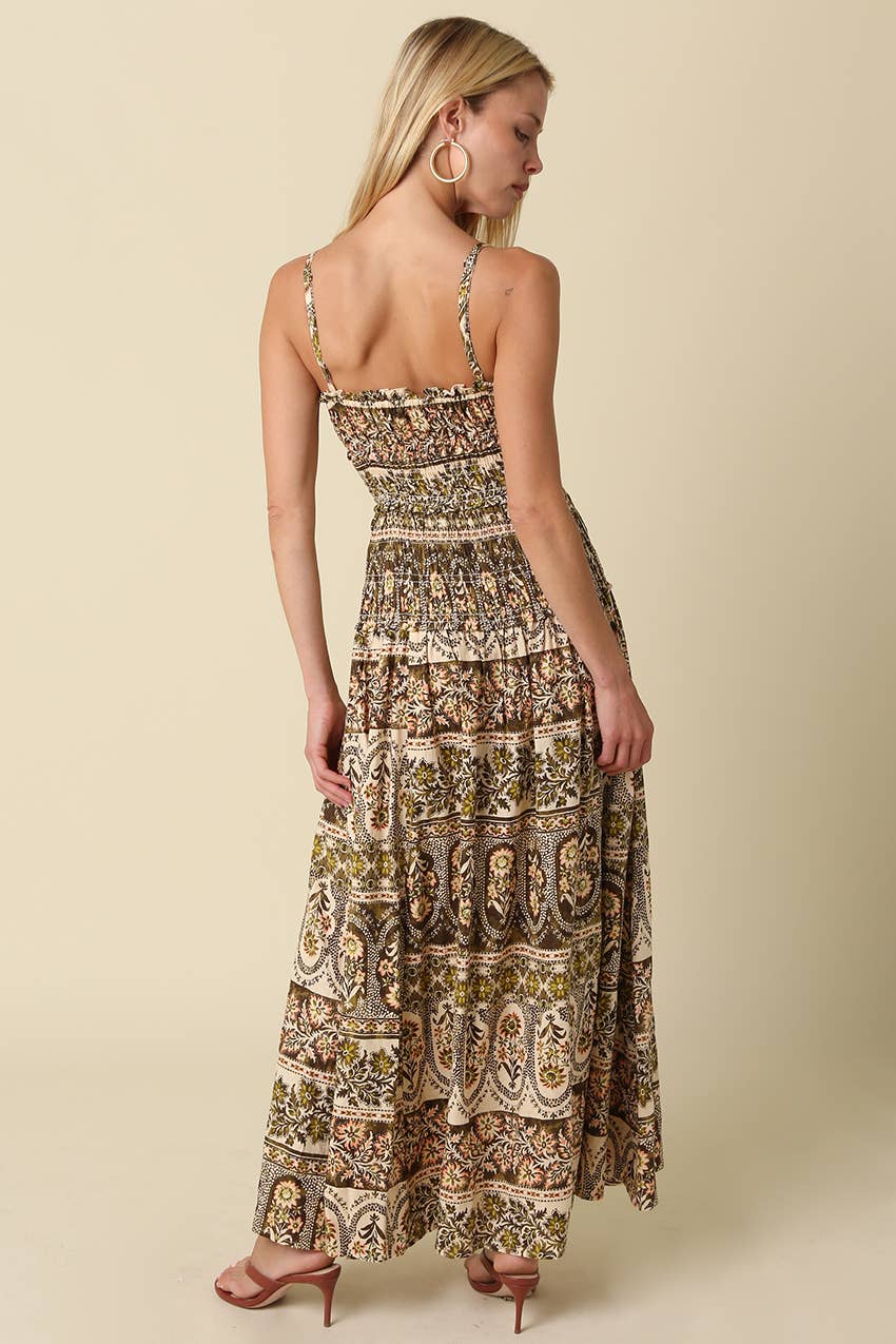 Autumn in Capri Smocked Print Maxi Dress