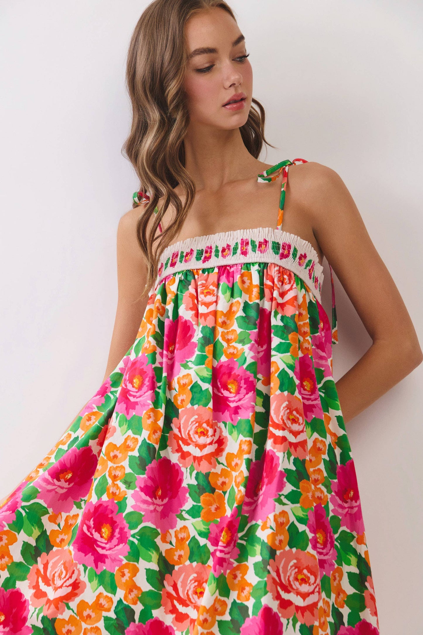 Floral Border Print Tie Strap Midi Dress