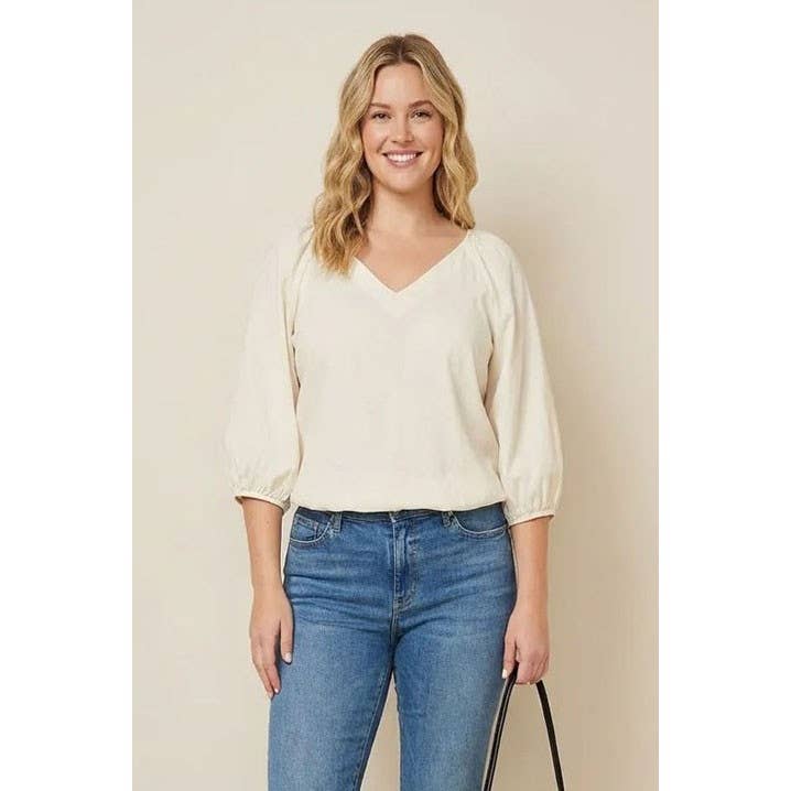 Elastic Puff Sleeve V-neck Blouse