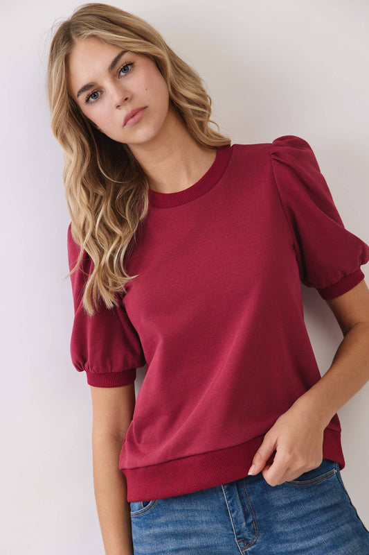 Game Day Crew Neck Short Puff Sleeves Knit Top