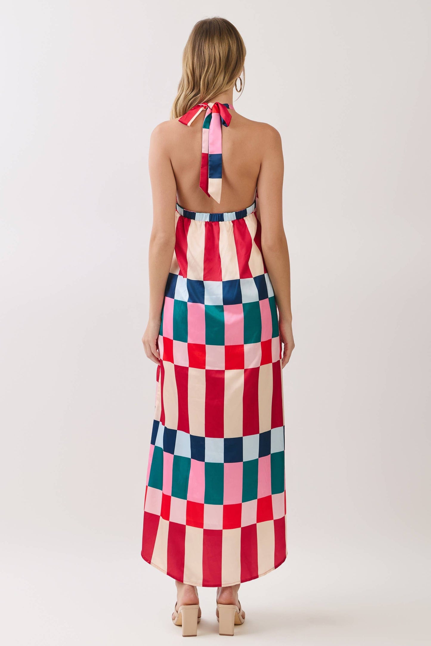 Colorblock Check Halter Maxi Dress