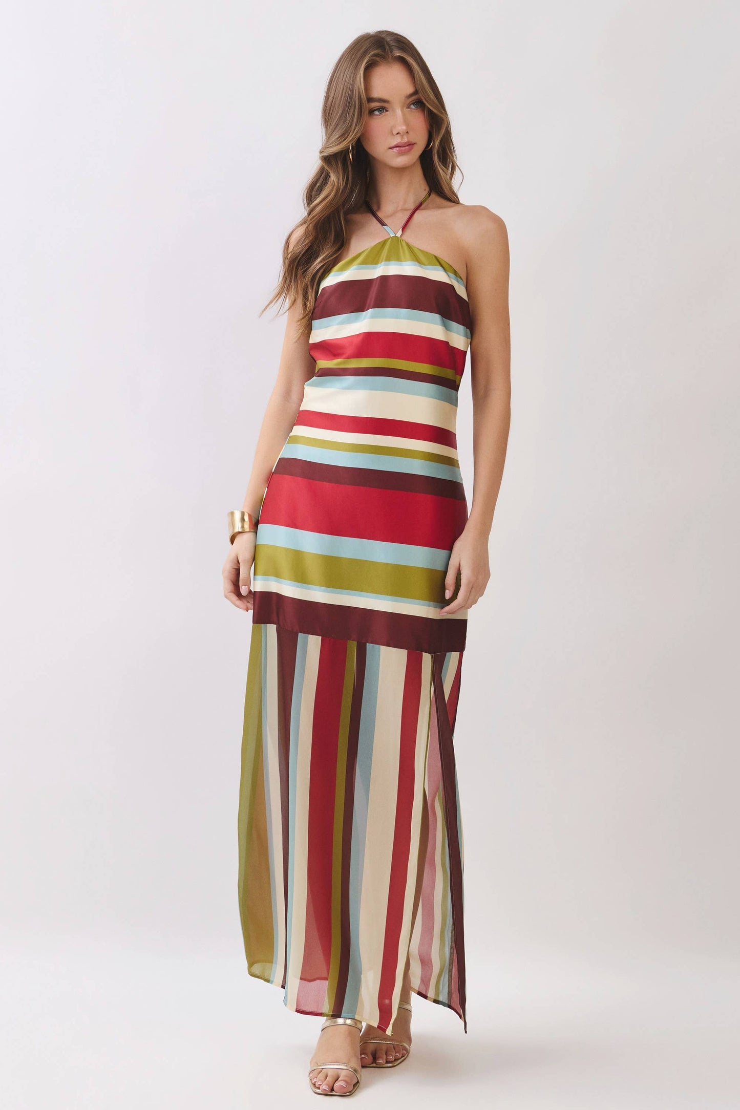 Sunset Stripe Side Slit Halter Maxi Dress