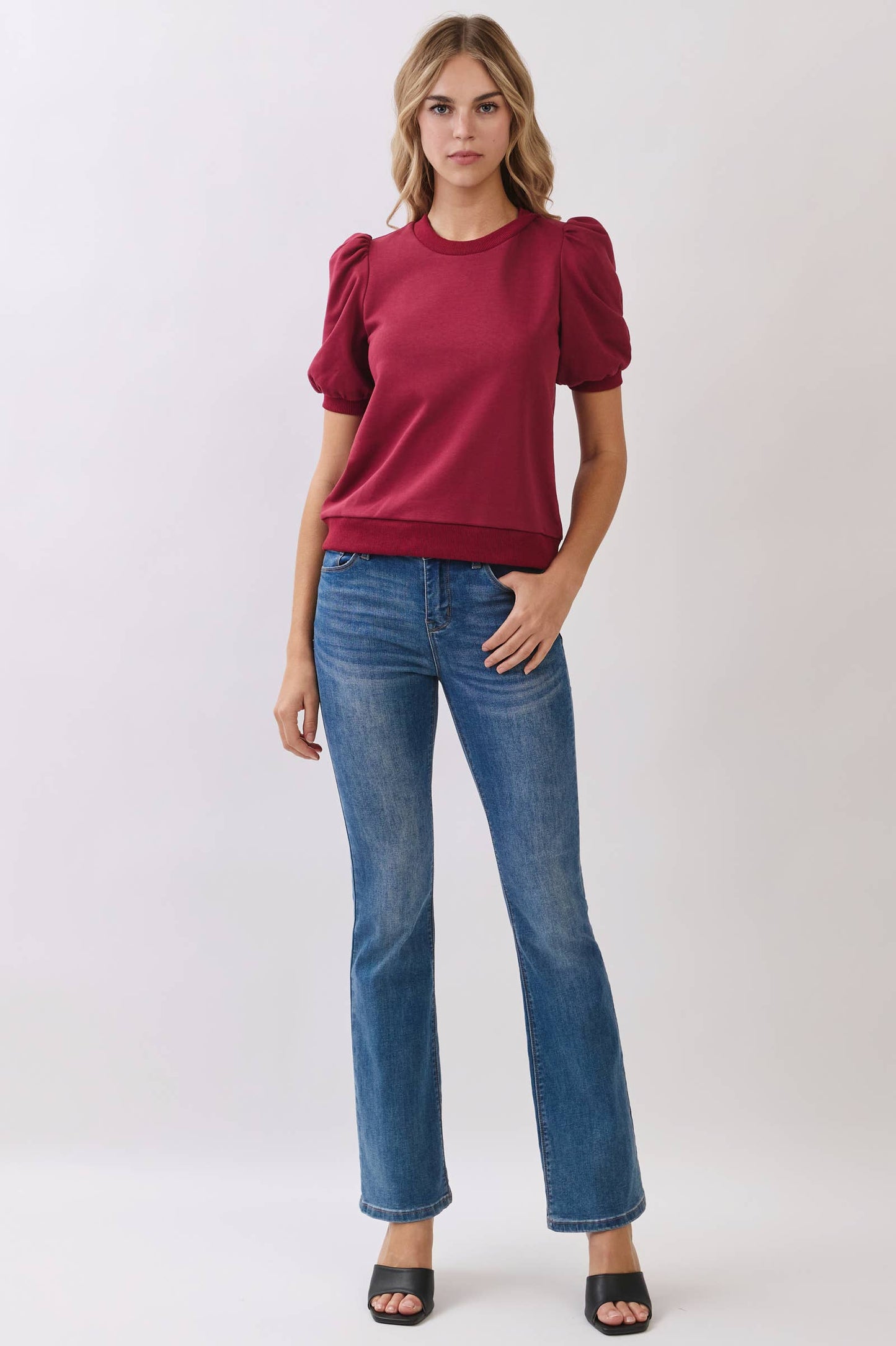 Game Day Crew Neck Short Puff Sleeves Knit Top