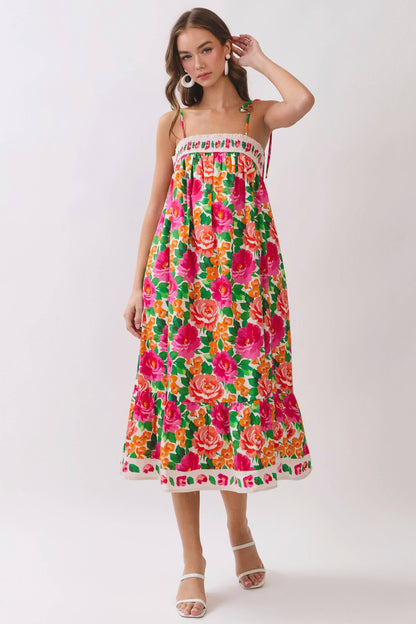 Floral Border Print Tie Strap Midi Dress