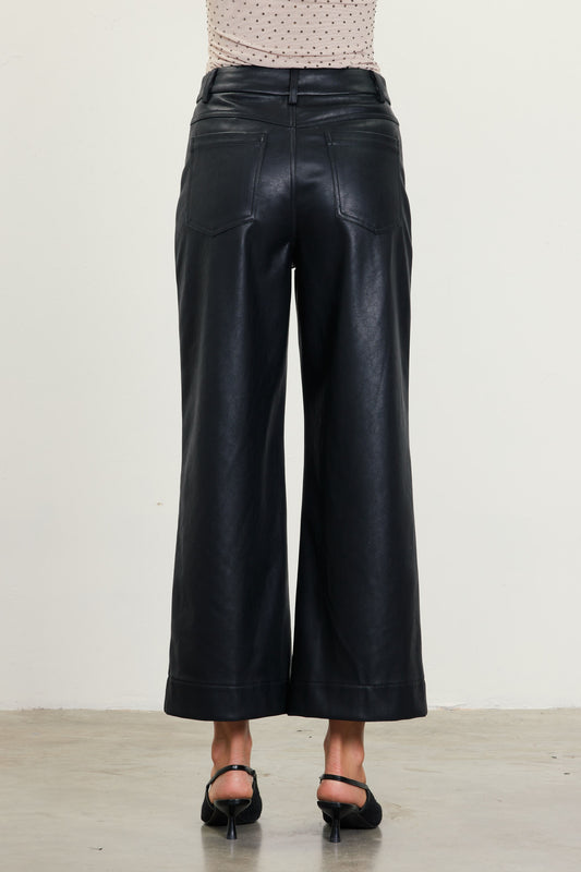 Faux Leather Wide Leg Pants In Black