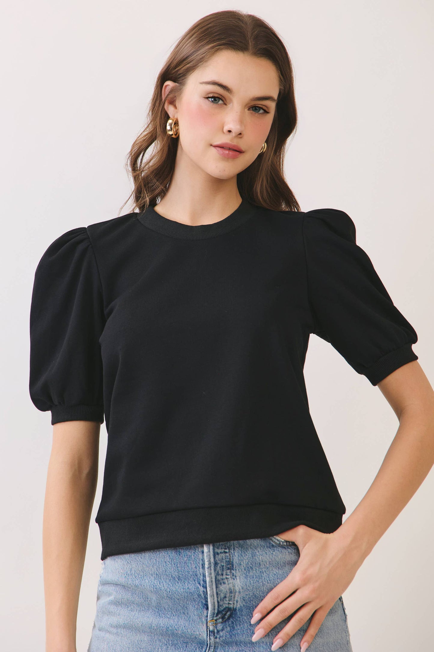 Game Day Crew Neck Short Puff Sleeves Knit Top