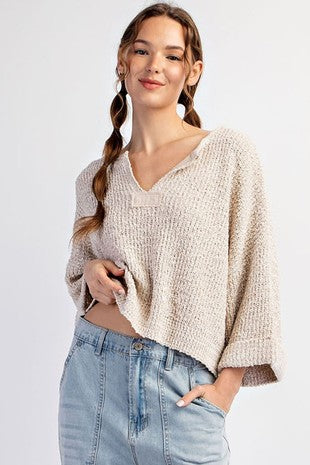 Textured V Neck Oversized Crop Sweater In Oatmeal