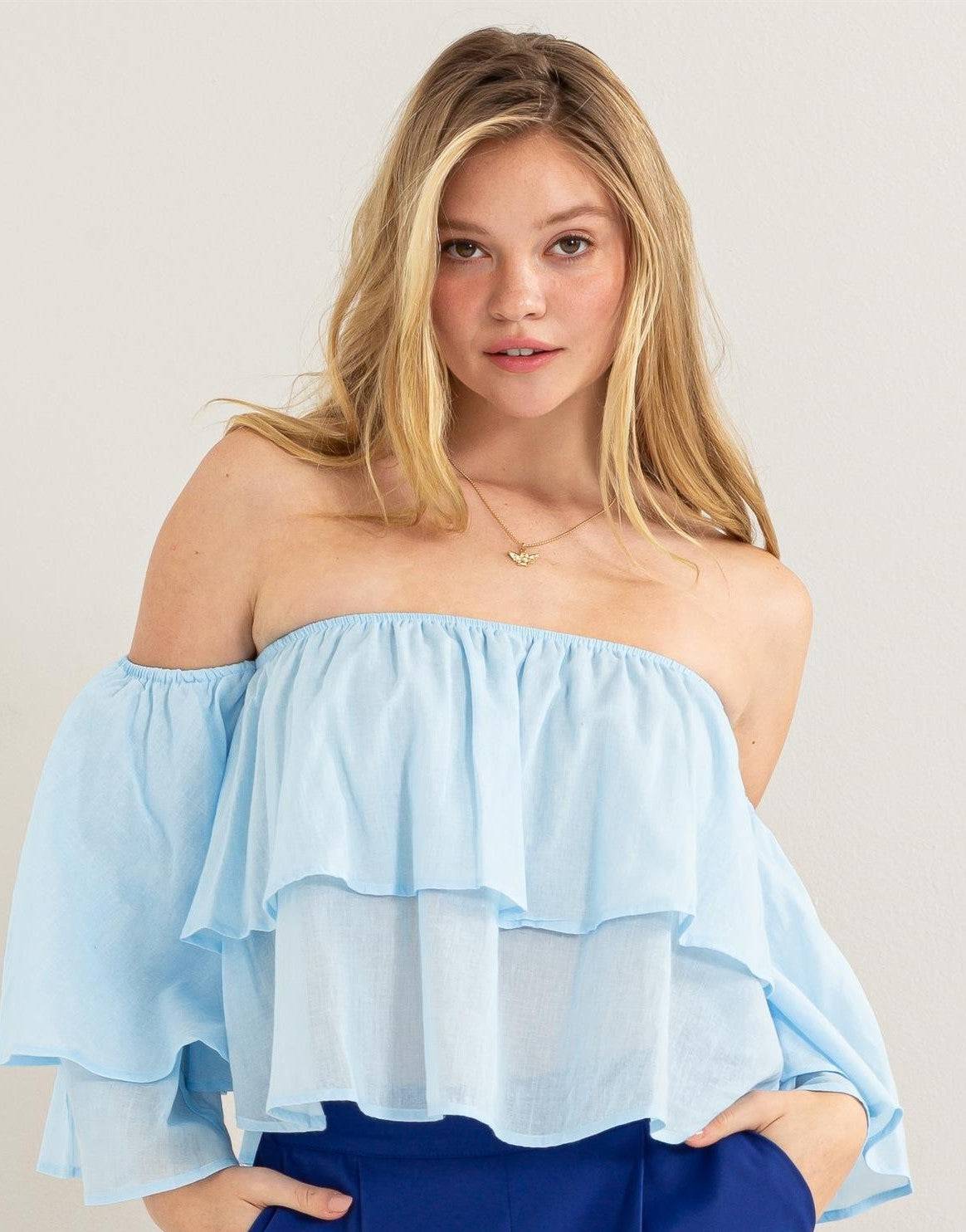 Layered Off the Shoulder Crop Top in Blue