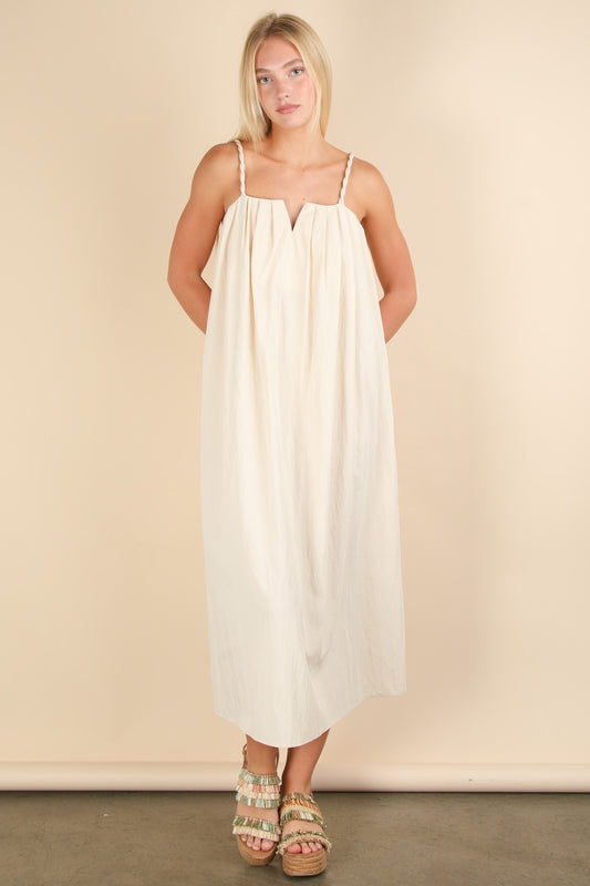 Pleated Solid Woven Midi Dress