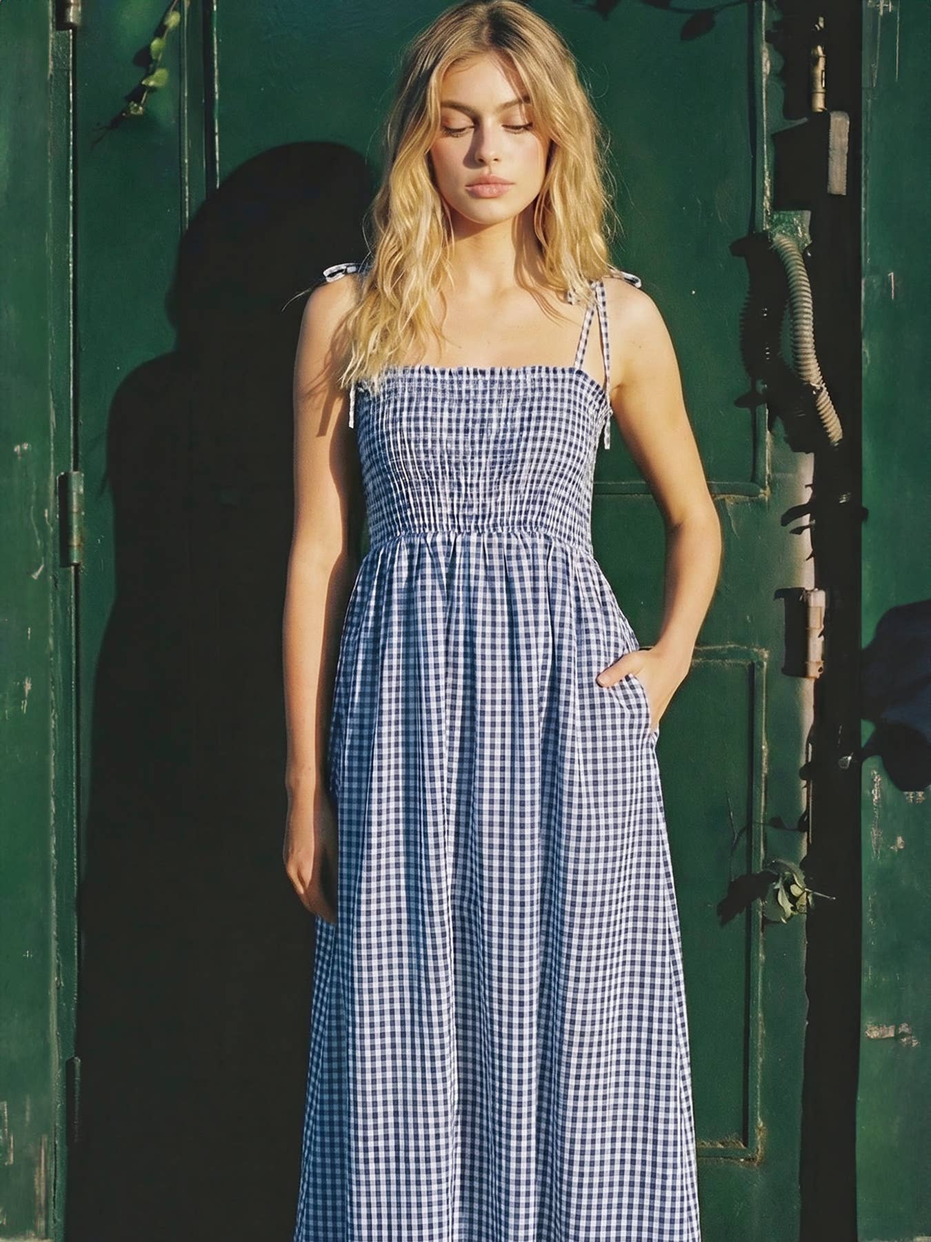 Sleeveless Smocked Gingham Check Cotton Summer Midi Dress
