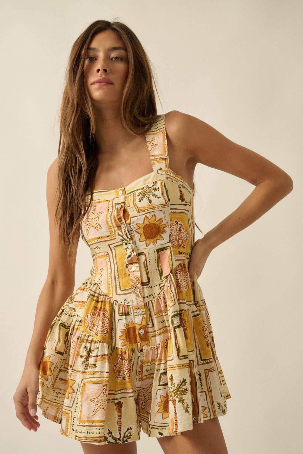 Tropical-Print Sleeveless Button-Front Tiered Ruffle Romper