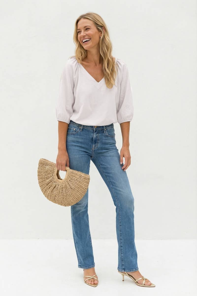 Elastic Puff Sleeve V-neck Blouse