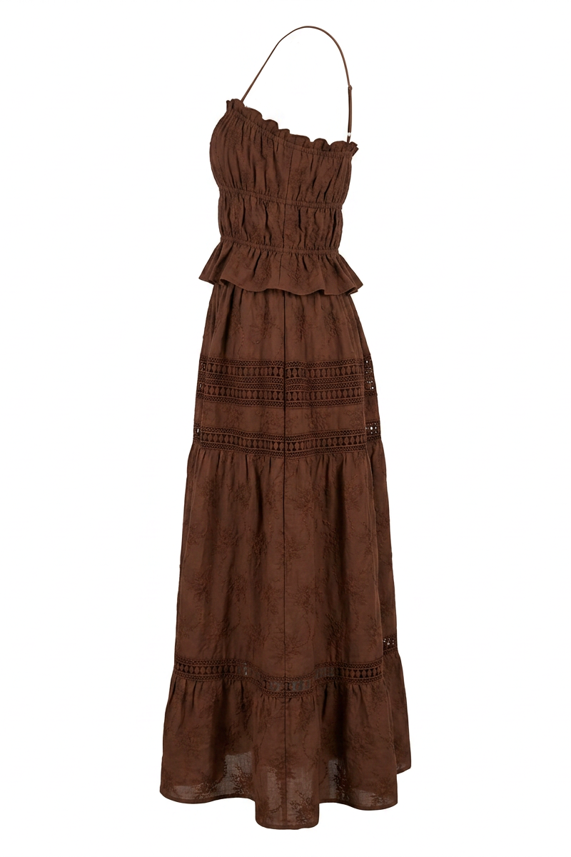Embroidered Lace Crop Top & Maxi Skirt Set in Brown