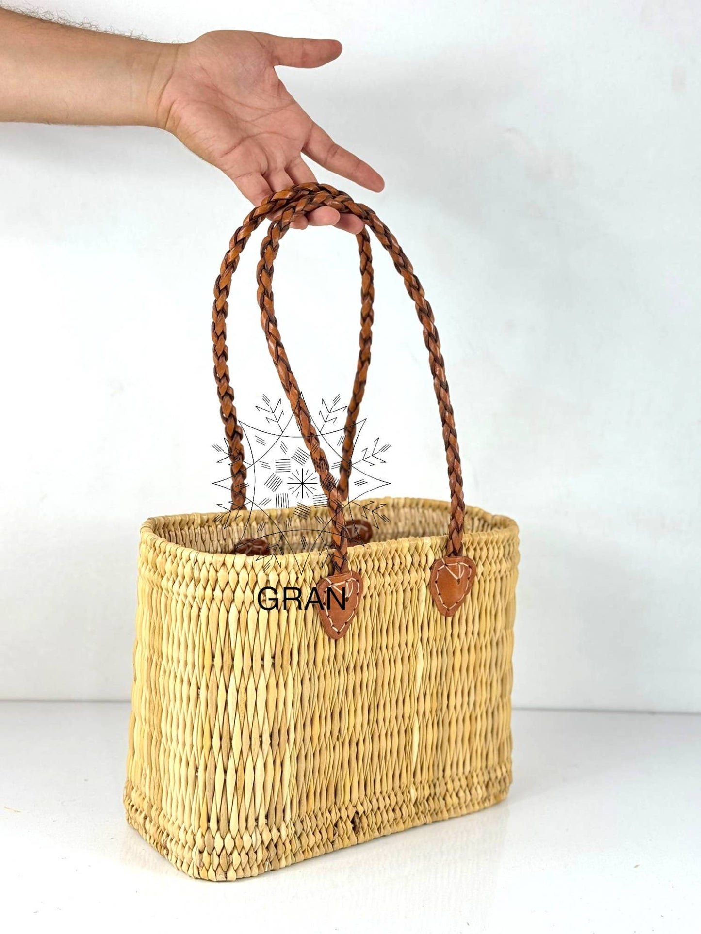 Handwoven Reed Basket with Braided Leather Handles