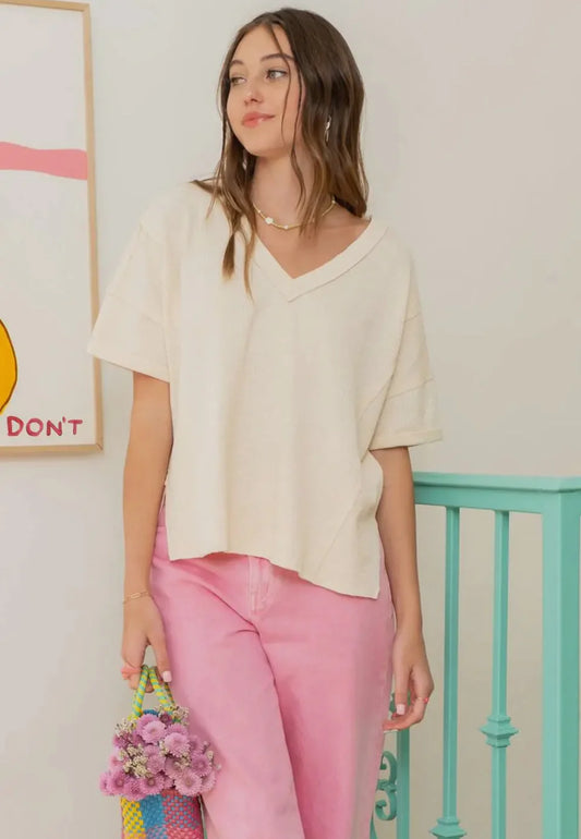 V Neck Oversized Tee In Cream