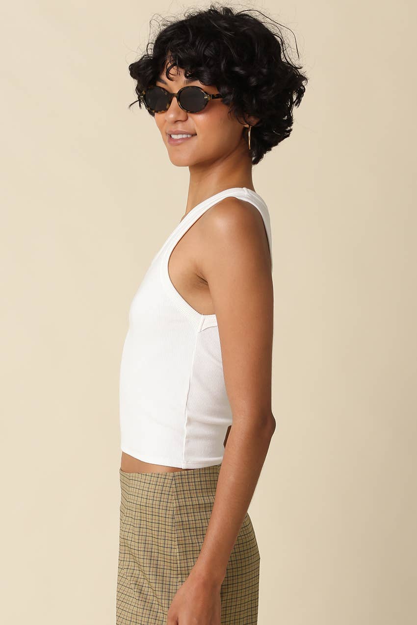 Jane Ribbed Scoop Neck Crop Tank in White