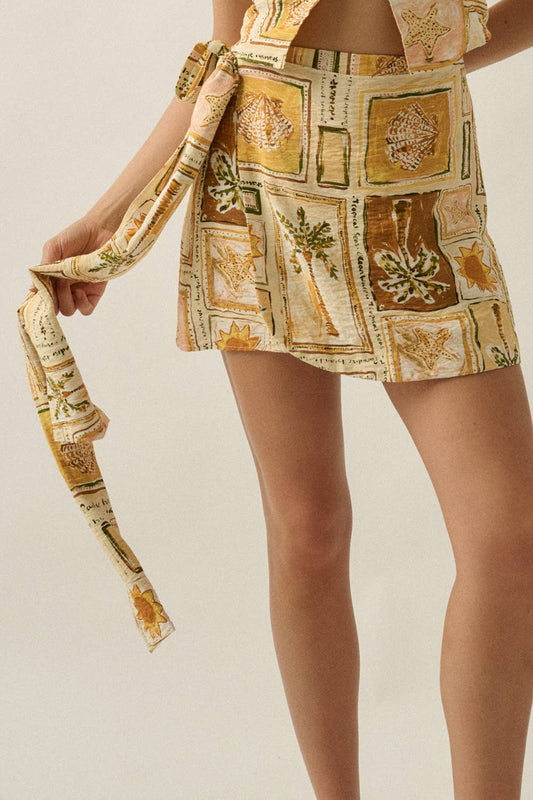 Tropical-Print Side-Tie Wrap Mini Skort