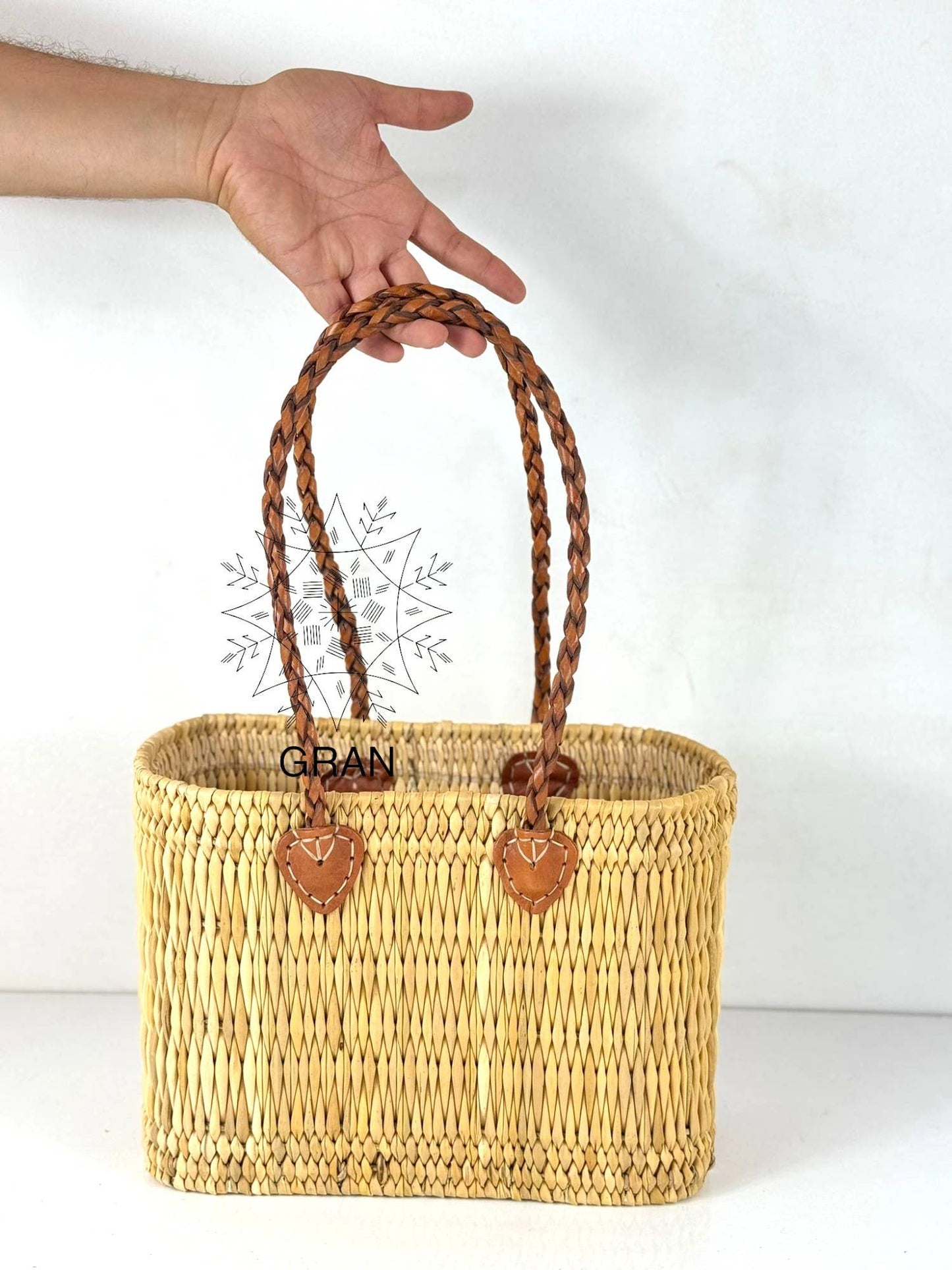 Handwoven Reed Basket with Braided Leather Handles
