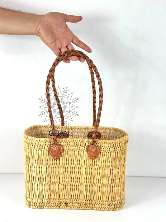 Handwoven Reed Basket with Braided Leather Handles