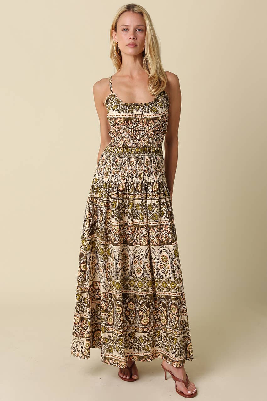 Autumn in Capri Smocked Print Maxi Dress