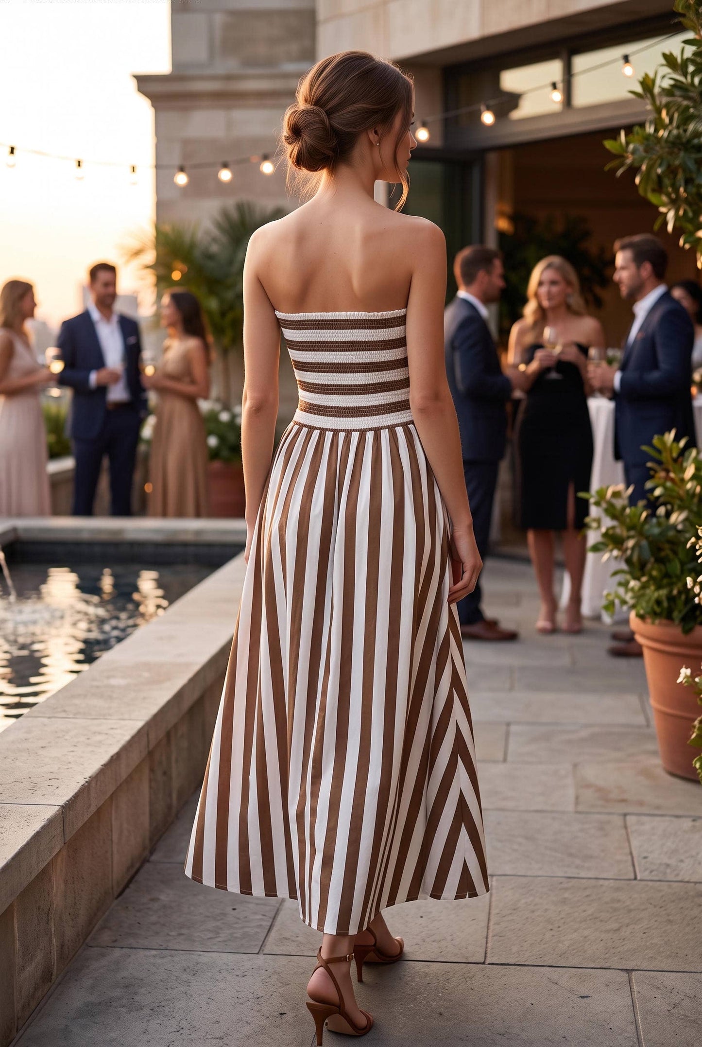 Stripe Ruche Strapless Maxi Dress