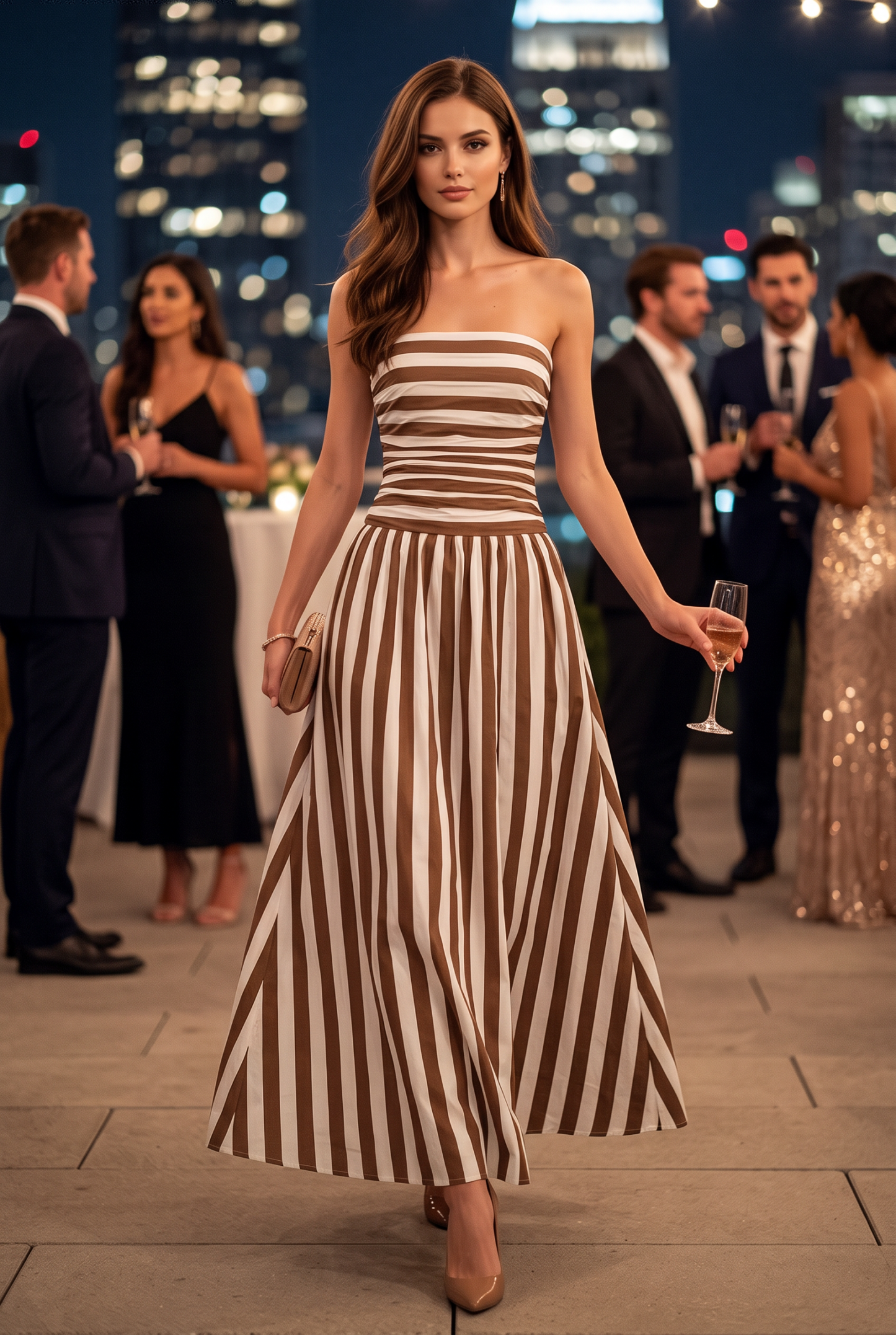 Stripe Ruche Strapless Maxi Dress