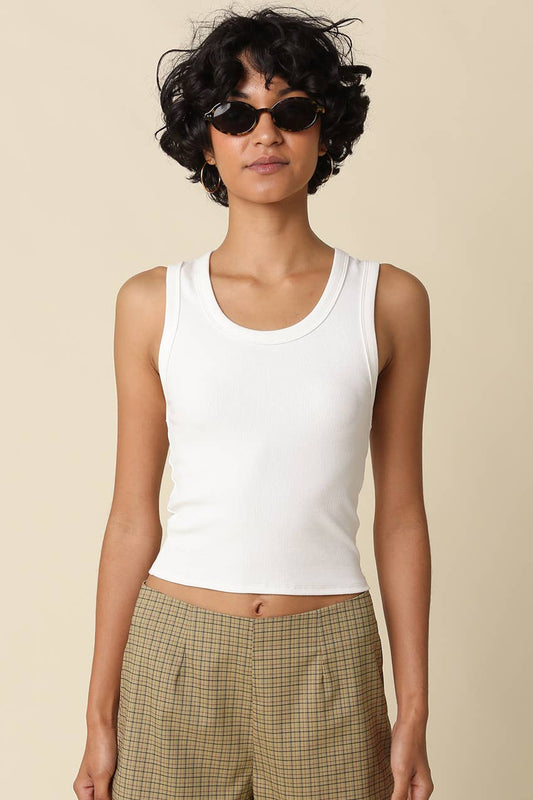 Jane Ribbed Scoop Neck Crop Tank in White