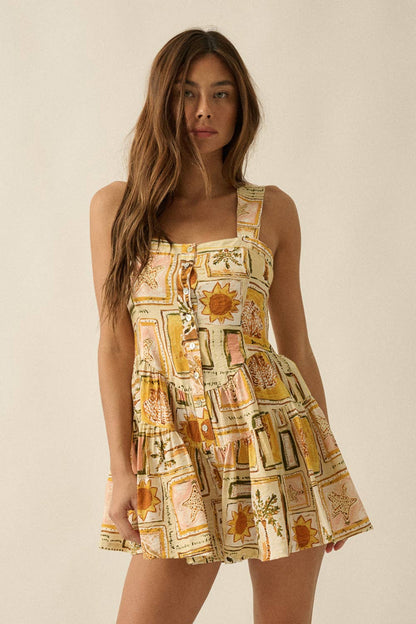 Tropical-Print Sleeveless Button-Front Tiered Ruffle Romper