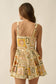 Tropical-Print Sleeveless Button-Front Tiered Ruffle Romper
