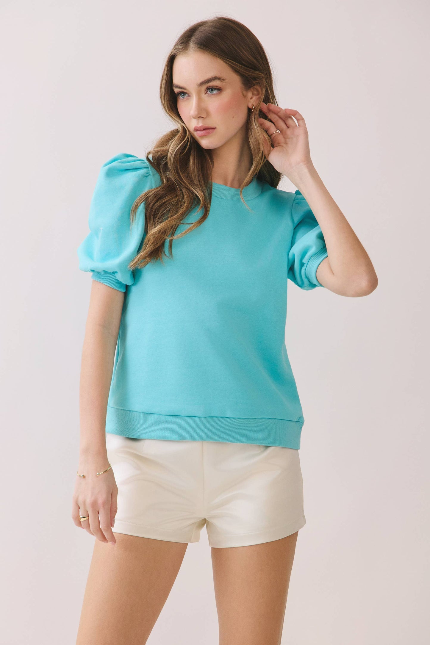 Game Day Crew Neck Short Puff Sleeves Knit Top