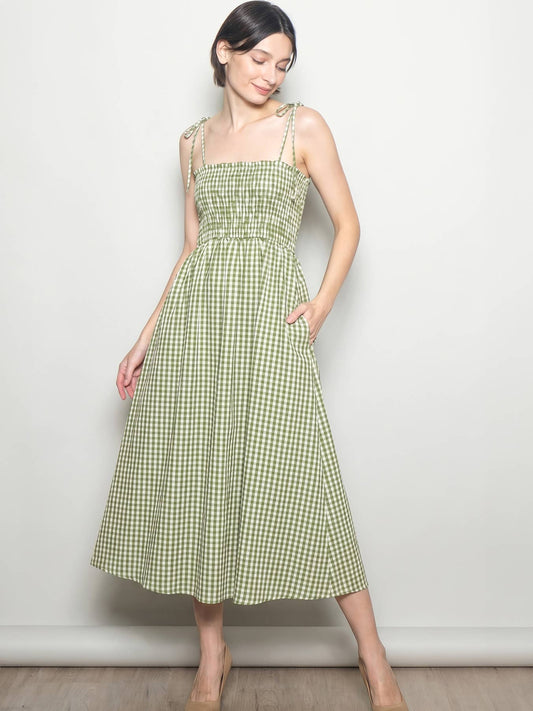 Sleeveless Smocked Gingham Check Cotton Summer Midi Dress