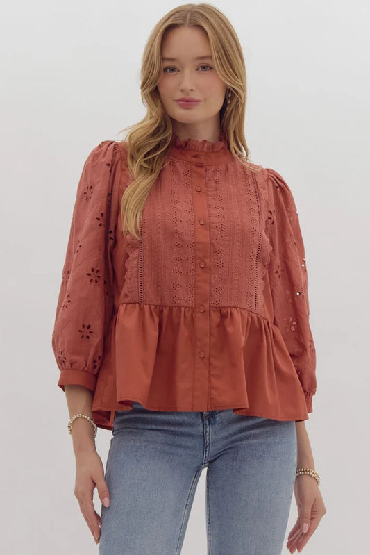 Linda Eyelet Lace Button Up Top In Rust