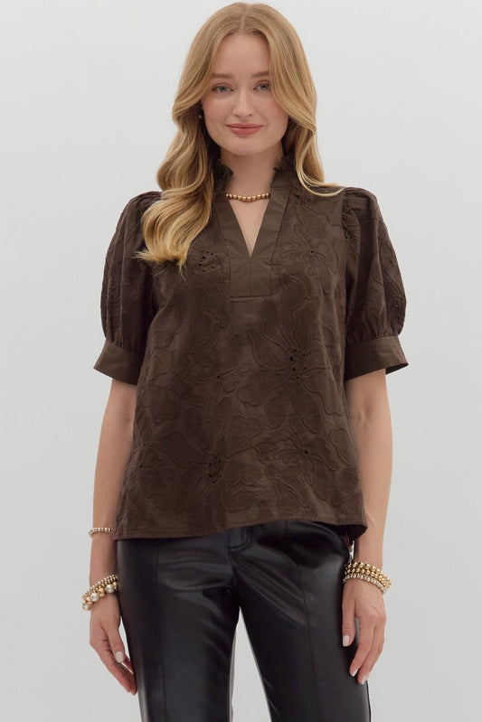 Floral Embroidered Puff Sleeve Top In Brown