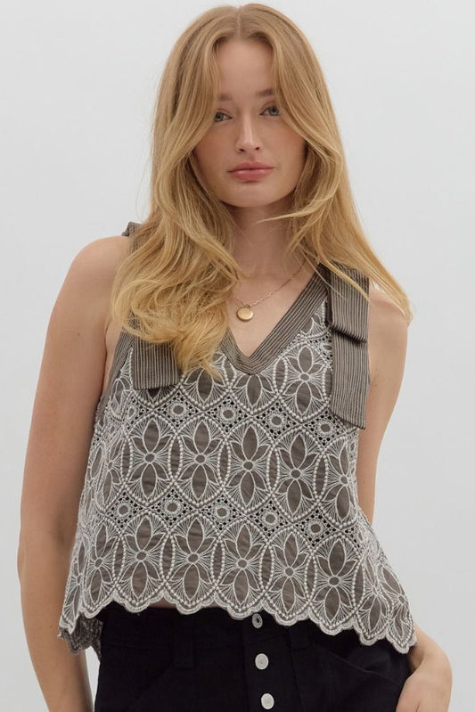 Floral Motif Embroidered Top In Mocha Mousse