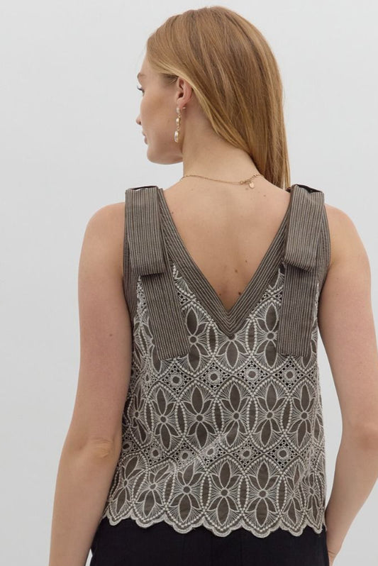 Floral Motif Embroidered Top In Mocha Mousse