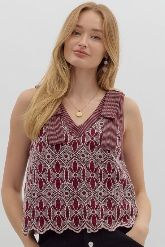 Floral Motif Embroidered Top In Burgundy
