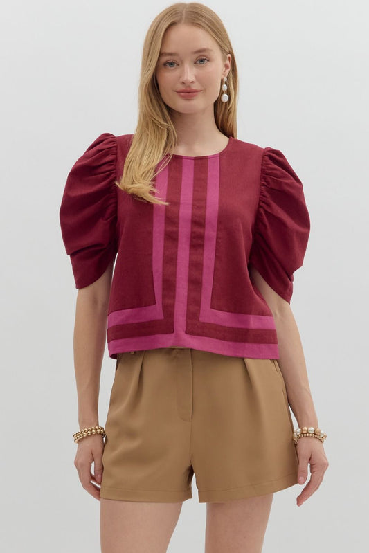 Magenta Stripe Puff Sleeve Top