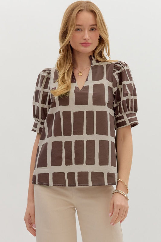 Block Print Puff Sleeve Top In Brown