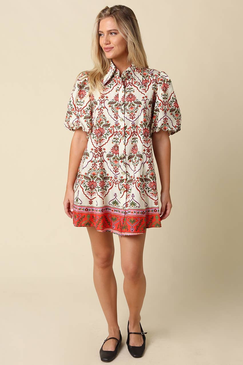 Mary Print Puff Sleeve Mini Dress