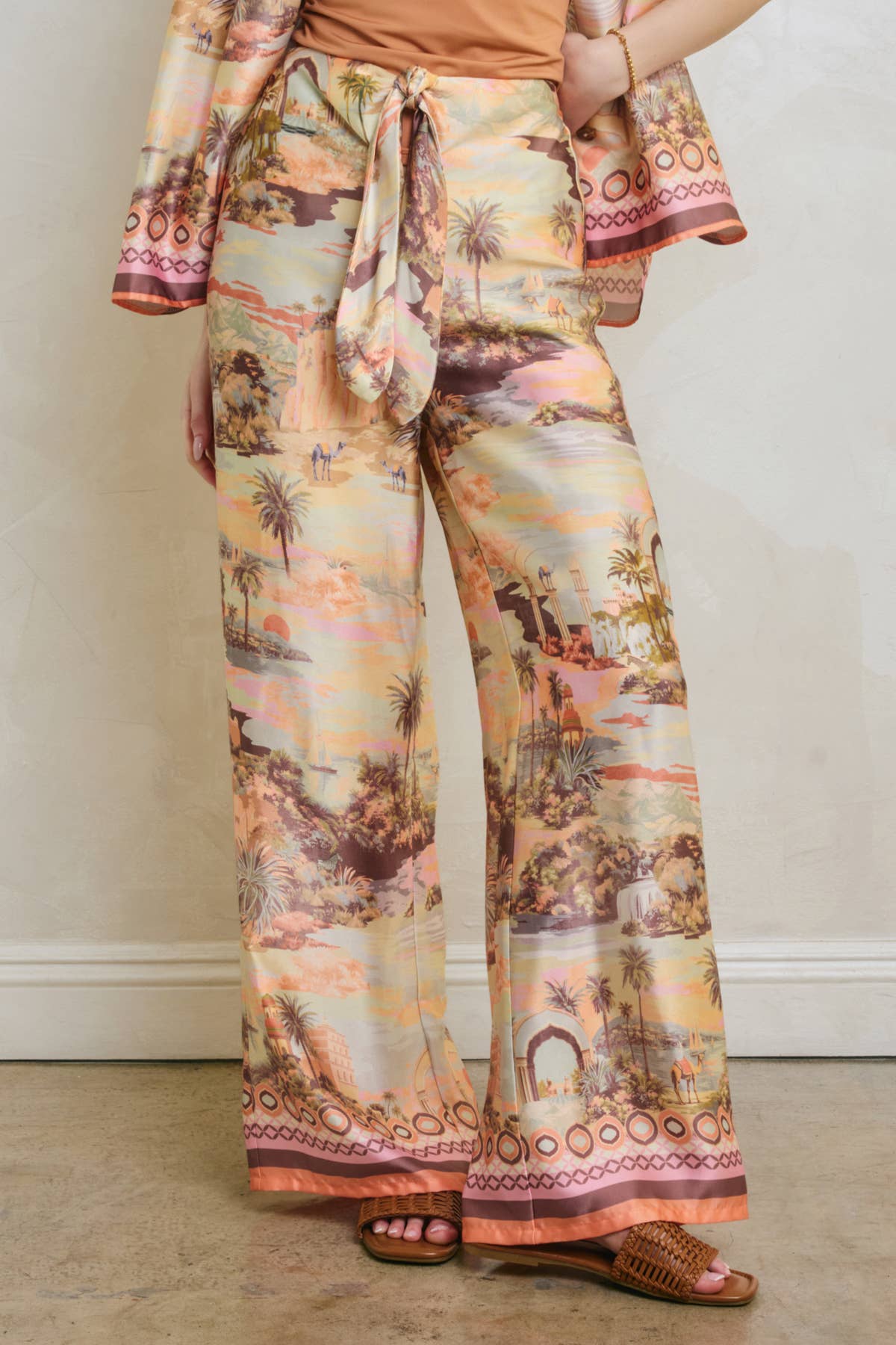 Conversational Border Print Tie Front Relaxed Pants