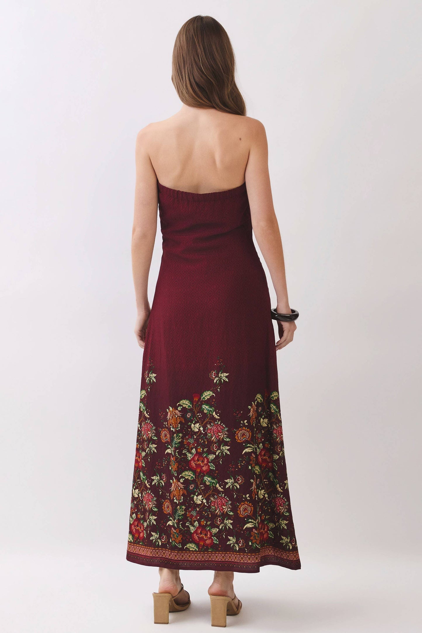 Border Floral Strapless Maxi Dress In Crimson