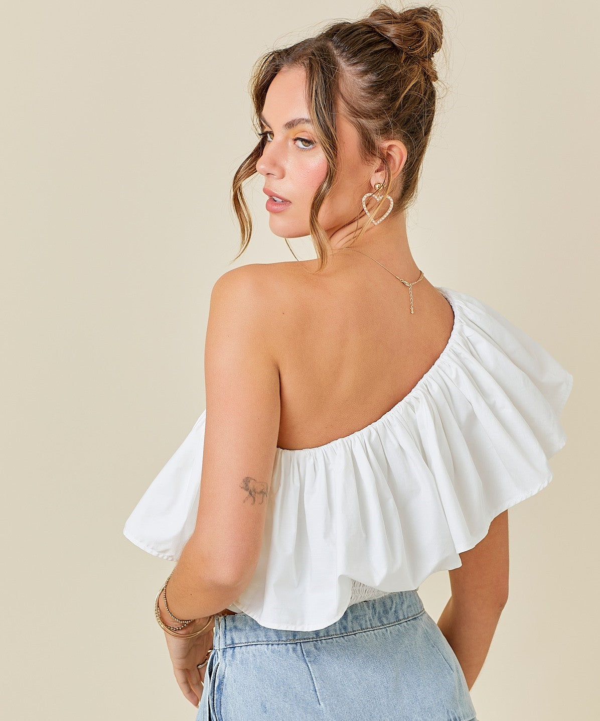 One Shoulder Ruffle Top in White