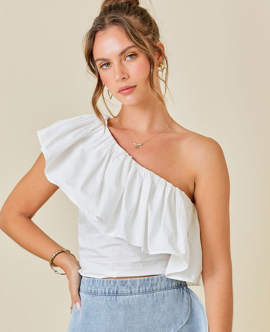 One Shoulder Ruffle Top in White