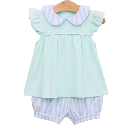 Genevieve Bloomer Set In Light Blue & Mint/Stripe