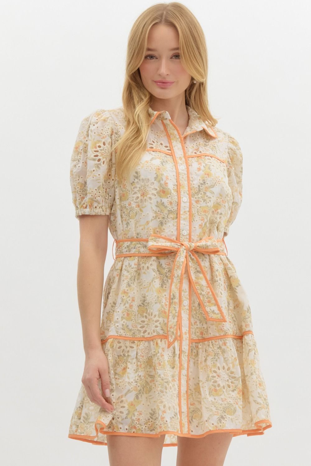 Spring Floral Eyelet Dress In Gold