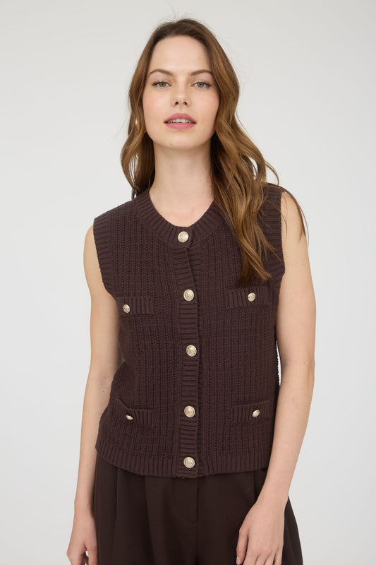 Gold Button Detail Knit Cardigan In Brown