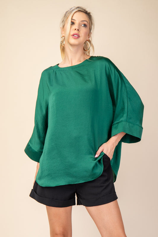 Round Neck Oversized Top In Emerald