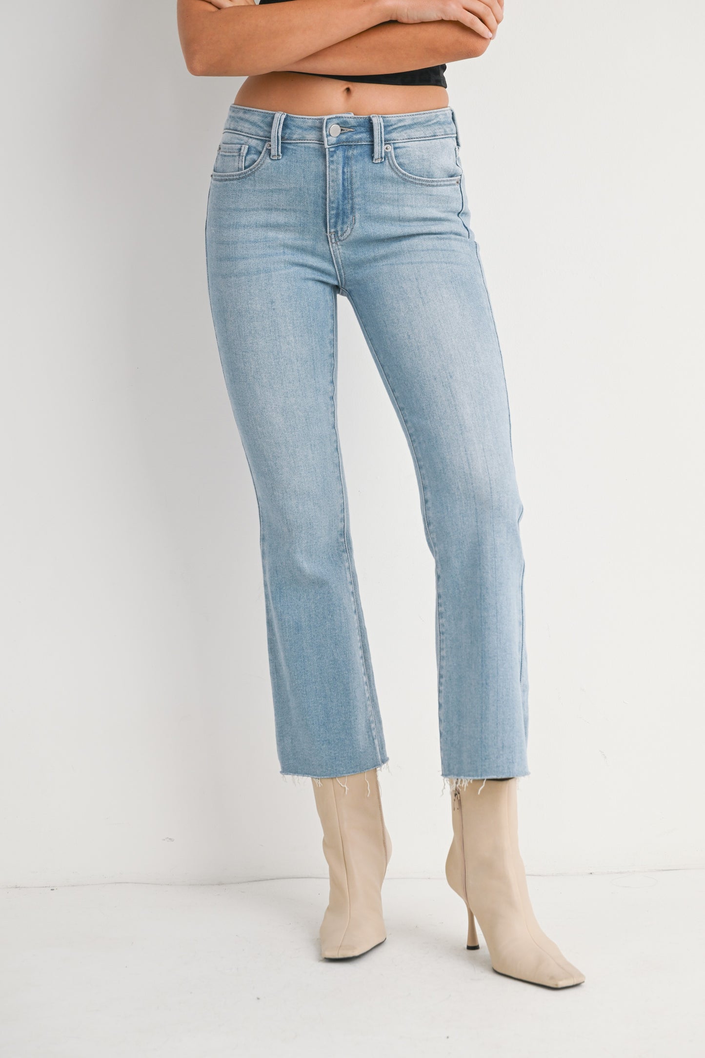 Blair Cropped Raw Hem Flare In Light Denim